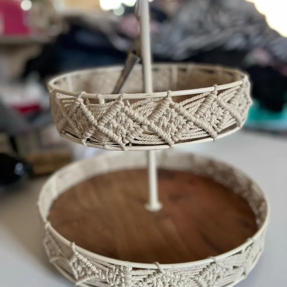 Two-Tier Wood and Macrame Tray, 16-inch Height, Macrame and Metal